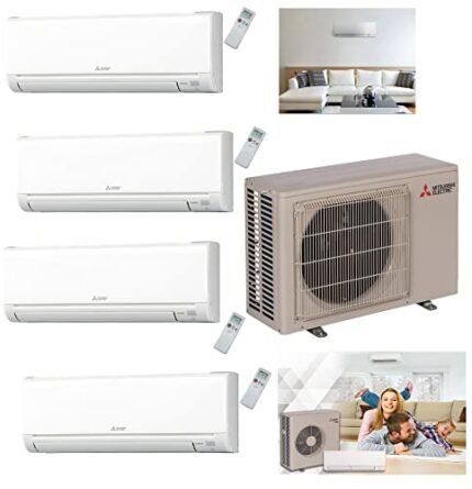 Mitsubishi 39-36,000 BTU Quad Zone Ductless Mini Split System with Wall Mount units, 3 x 9,000 Btu & 1 x 12,000 Btu Indoor Units, SEER 19 Cool & Heat Energy Efficient