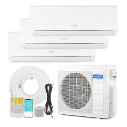 ROVSUN 3 Zone 9000 + 9000 + 12000 BTU WIFI Mini Split AC/Heating System, 19 SEER Tri Zone 27000 BTU Ductless Split Air Conditioner with Pre-Charged Condenser, Heat Pump & 25Ft Line Set, 208-230V