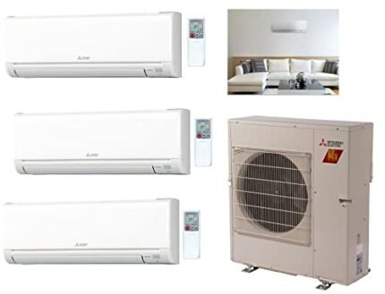 Mitsubishi 24,000 BTU HYPER HEAT Tri Zone Ductless Split System Wall Mount unit 2 x 6,000 BTU & 1 x 12,000 BTU, SEER 19 Cool & Heat Energy Efficient ULTRA HEAT System