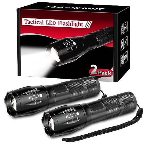 51RbK4xD-ZL._SL500_.jpg 2 Pack Tactical Flashlights Torch, Military Grade 5 Modes 3000 High Lumens Led Waterproof Handheld Flashlight for Camping Biking Hiking Outdoor Home Emergency