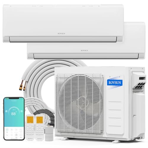 41BFzpLlRjL._SL500_.jpg ROVSUN 20000 BTU Dual Zone WIFI Mini Split AC/Heating System, 20 SEER2 2 Zone 9000 + 9000 BTU Ductless Split Air Conditioner with Pre-Charged Condenser, Heat Pump & 25Ft Copper Line Set, 208-230V