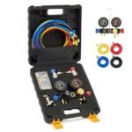 Orion Motor Tech 4 Way AC Gauge Set for R410a R22 R134a Refrigerant, 4 Valve Automotive AC Manifold with 5ft Hoses, R410a Adapters, Can Tap