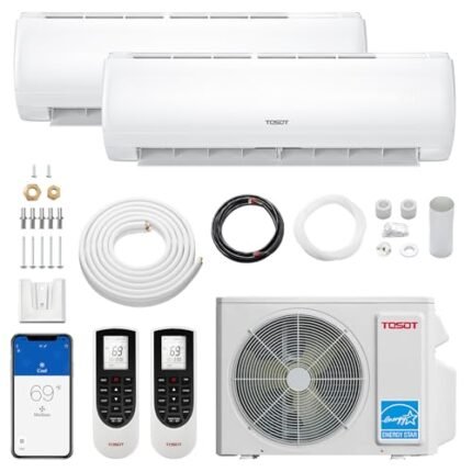 TOSOT 18,000 BTU Dual 2 Zone Mini Split Air Conditioner with Heat Pump, 21 SEER2, 230V, Wifi-Enabled Ductless Inverter Split System with 16.4 ft Copper Line Set, 9,000 + 9,000 BTU, Muse Series