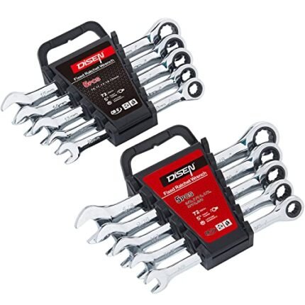 DISEN 10Pcs Ratcheting Wrench Set SAE & Metric Ratchet Wrench Set with Rack Organizer, Premium CR-v Steel, 12 Point, 72 Teeth,Box End and Open End Ratcheting Wrench Set