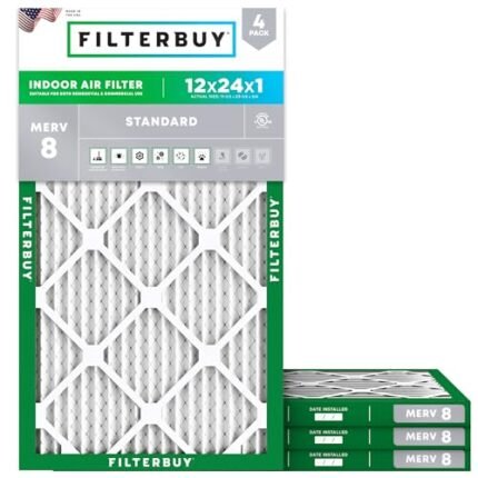 Filterbuy 12x24x1 Air Filter MERV 8 Dust Defense (4-Pack), Pleated HVAC AC Furnace Air Filters Replacement (Actual Size: 11.50 x 23.50 x 0.75 Inches)